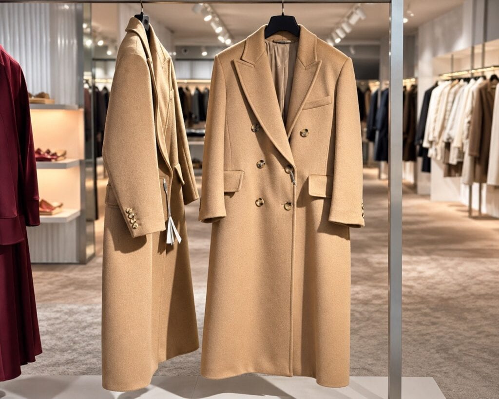 Итальянская школа моды - бежевое пальто Max Mara в итальянском магазине
