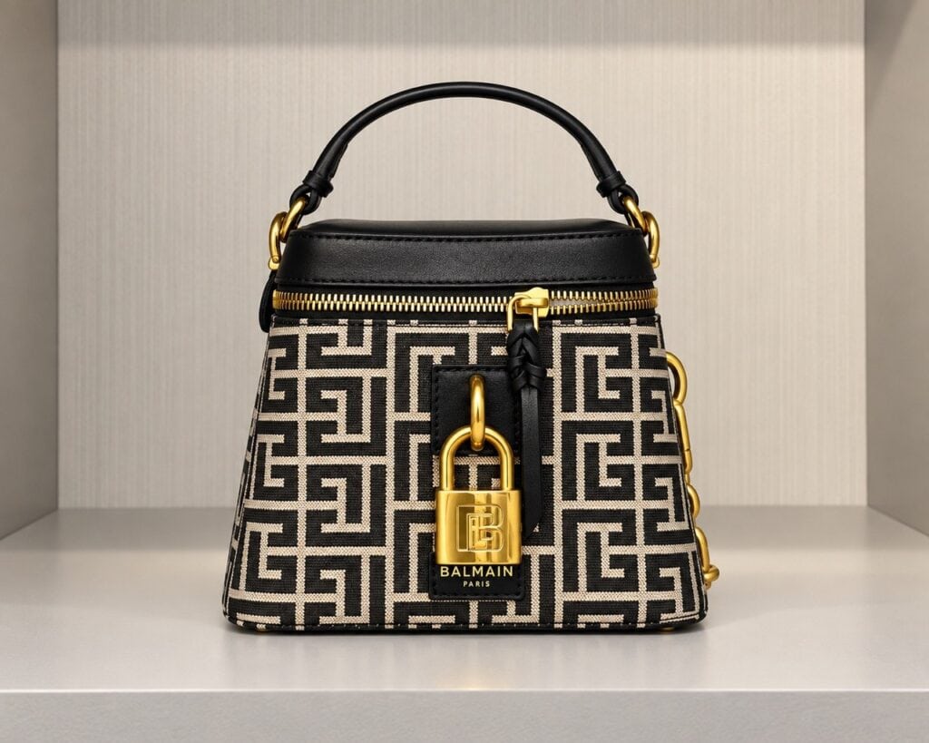 Balmain история бренда - чёрно-бежёвая сумка с монограммой и золотой фурнитурой