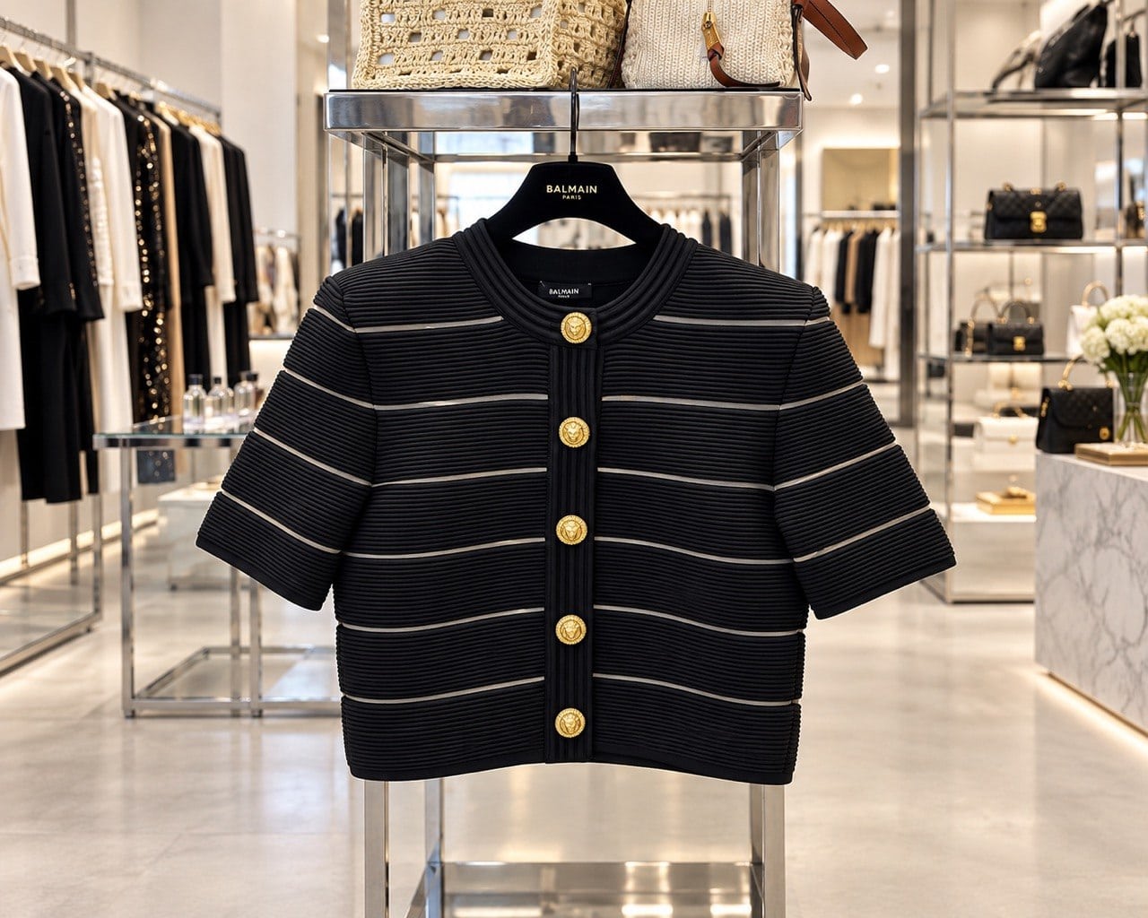 Balmain история бренда - чёрный жакет с золотыми пуговицами в бутике