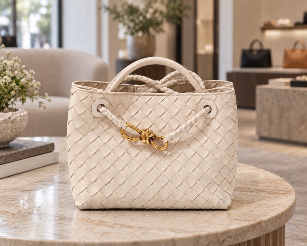 Bottega Veneta и тихая роскошь - светлая сумка Intrecciato с золотой фурнитурой