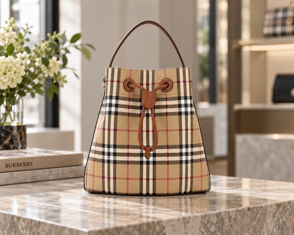 Burberry страна бренда - сумка Burberry с фирменной клеткой в интерьере бутика
