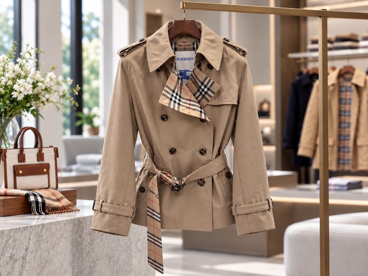 Burberry страна бренда - классический тренч с фирменной клеткой в интерьере бутика