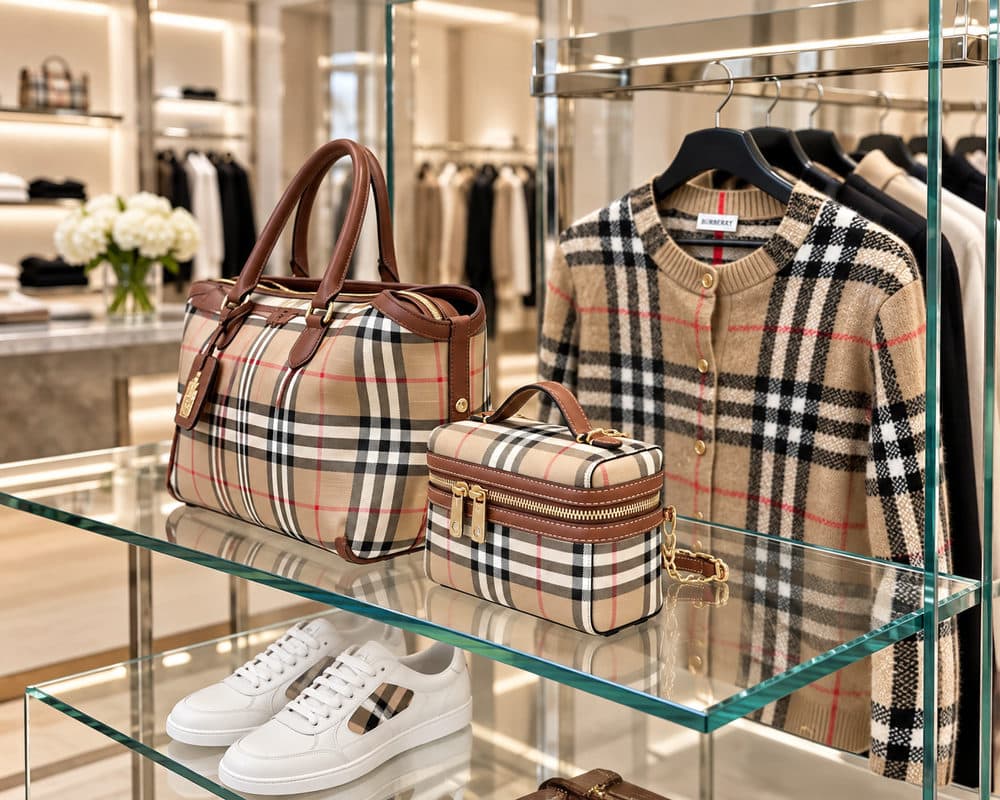 Чем славится Италия в индустрии моды - клетчатый кардиган Burberry и сумки в витрине бутика