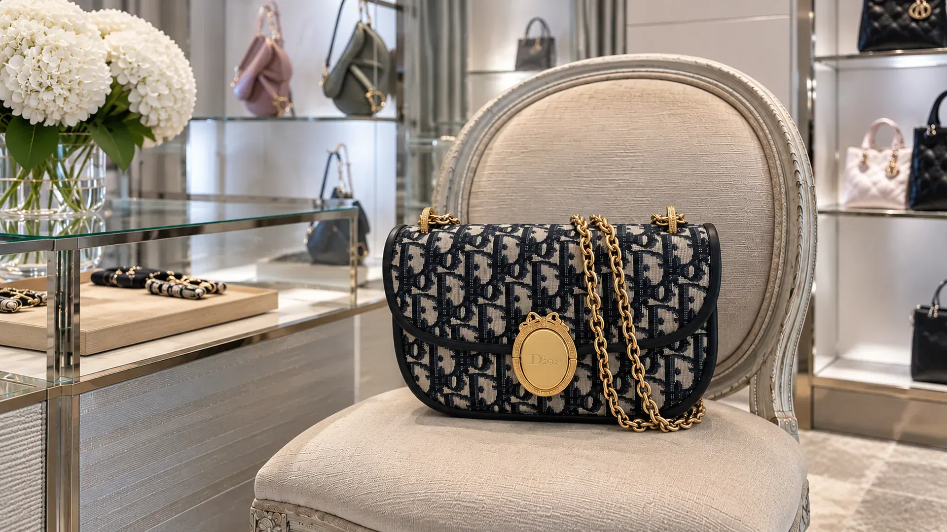 Dior оригинал из Италии - сумка с узором Oblique и золотистой фурнитурой на светлом кресле в интерьере бутика
