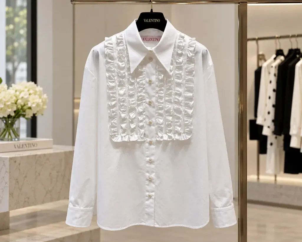 История бренда Valentino - белая блуза с декоративными оборками вдоль застёжки на вешалке в бутике.
