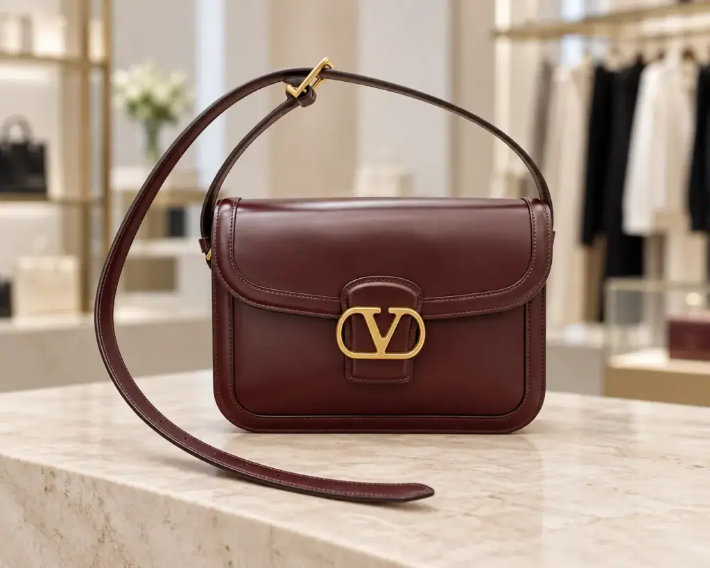 История бренда Valentino - бордовая кожаная сумка с золотистой застёжкой VLogo на светлой витрине бутика.