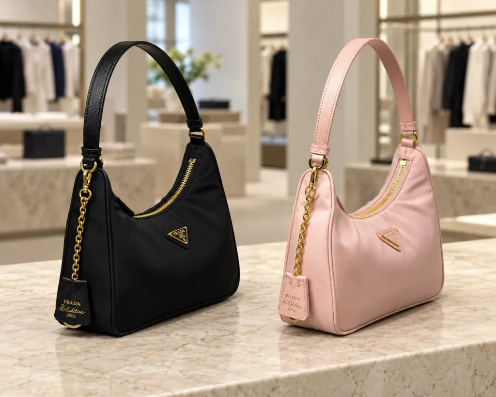 Итальянские бренды моды - чёрная и розовая сумки Prada на светлом прилавке бутика