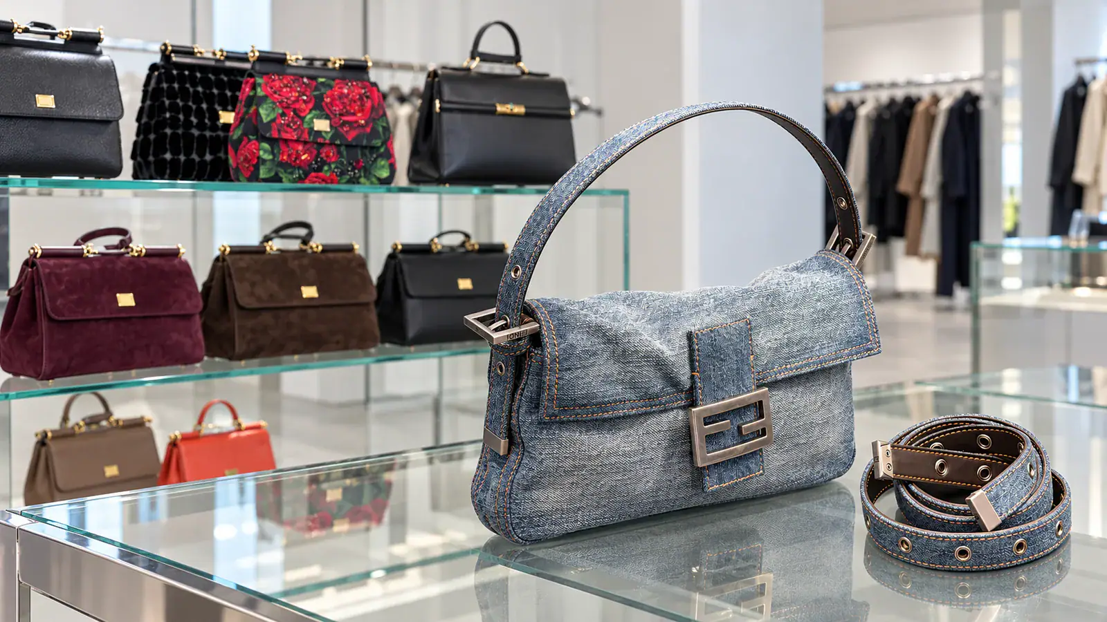 Итальянские бренды сумок - джинсовая сумка Fendi на стеклянном прилавке на фоне витрины с сумками