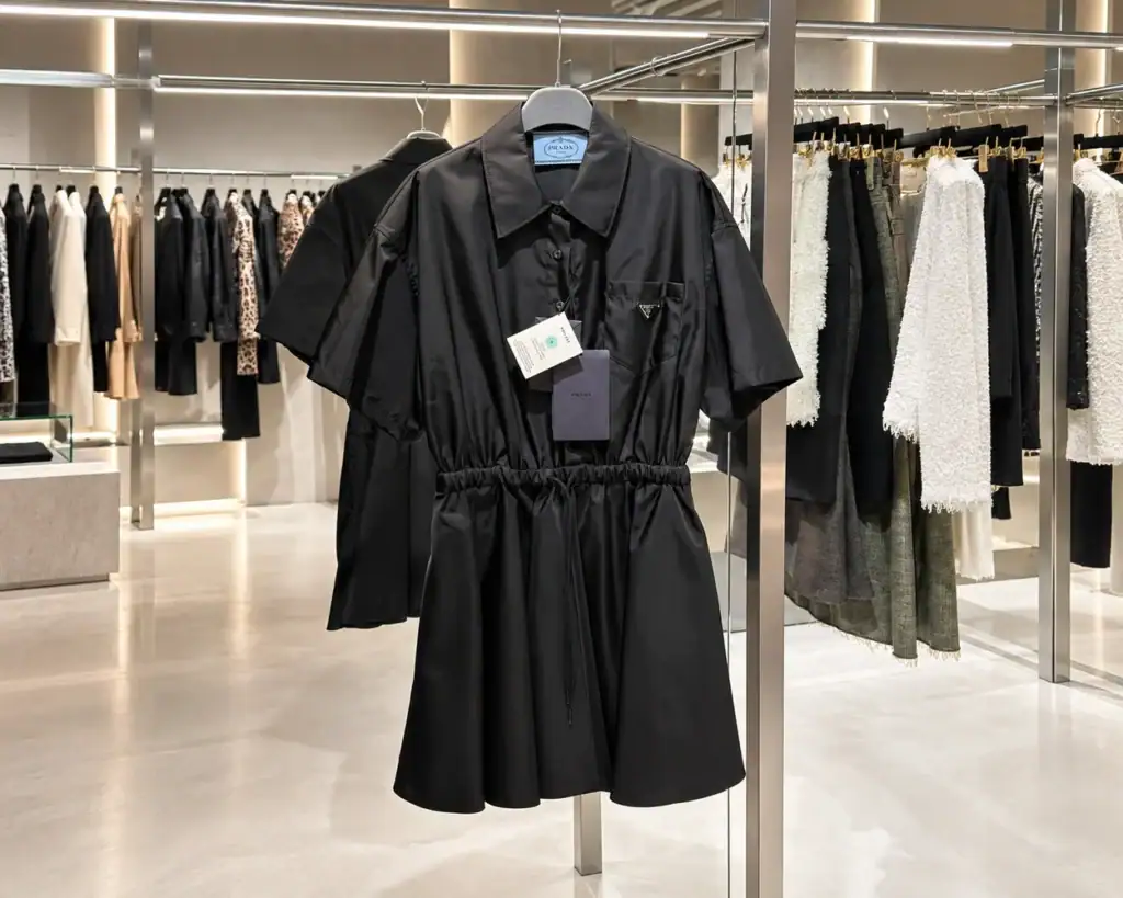 Итальянские дома моды - чёрная одежда Prada с короткими рукавами и кулиской на талии на вешалке в бутике