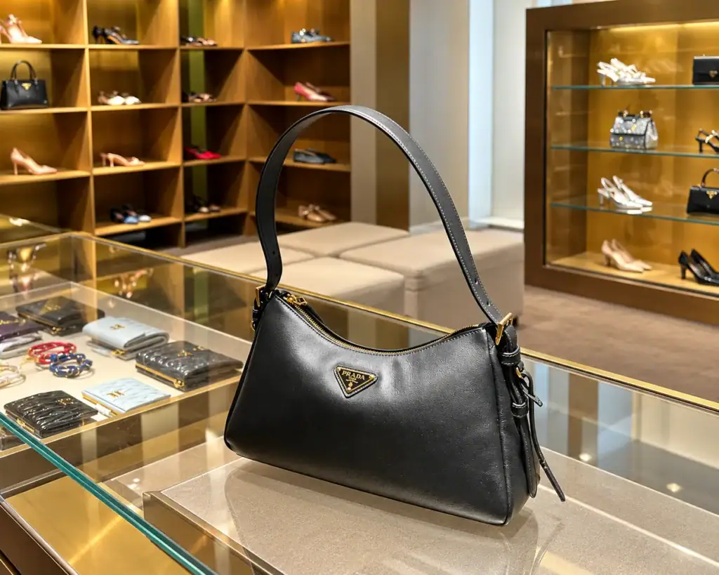 Итальянские дома моды - чёрная сумка Prada с плечевым ремнём на стеклянном прилавке бутика
