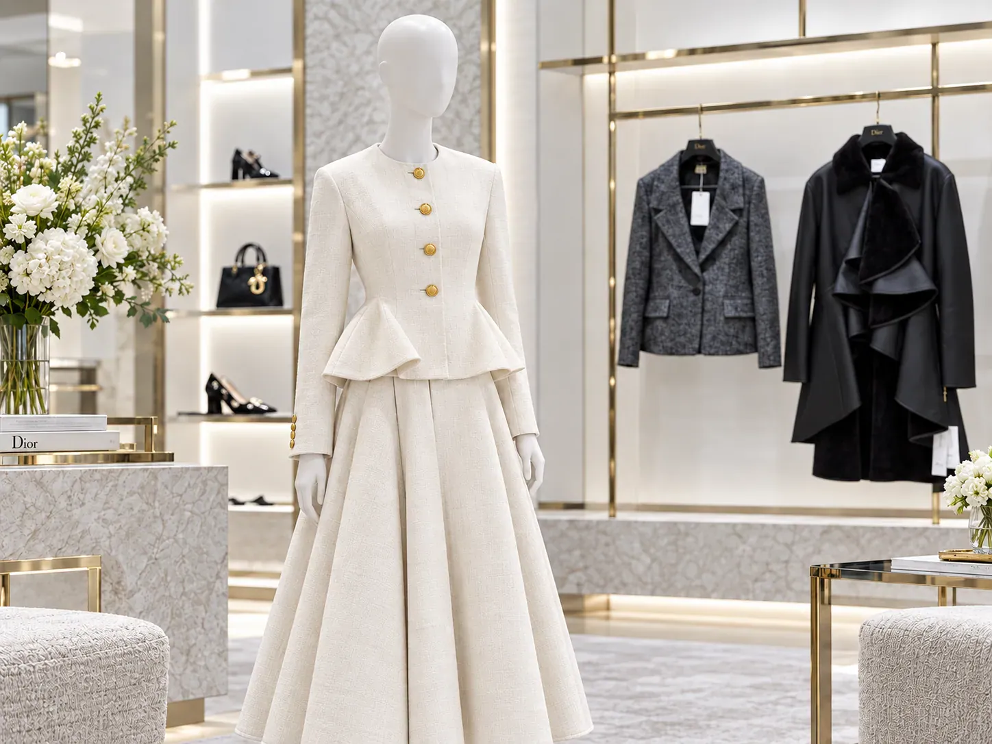 Мода Dior - интерьер бутика с манекеном в молочном костюме, витринами одежды и аксессуаров