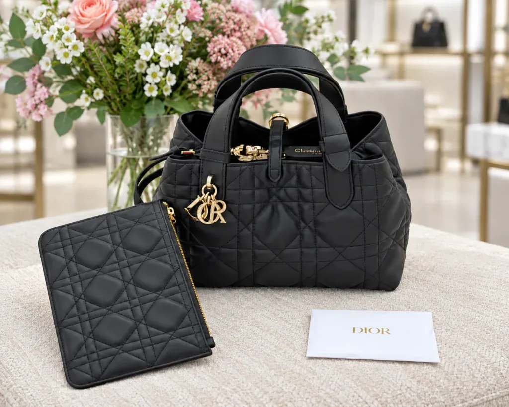 Мода Dior - чёрная сумка с декоративной прострочкой Cannage и металлическими подвесками DIOR на витрине