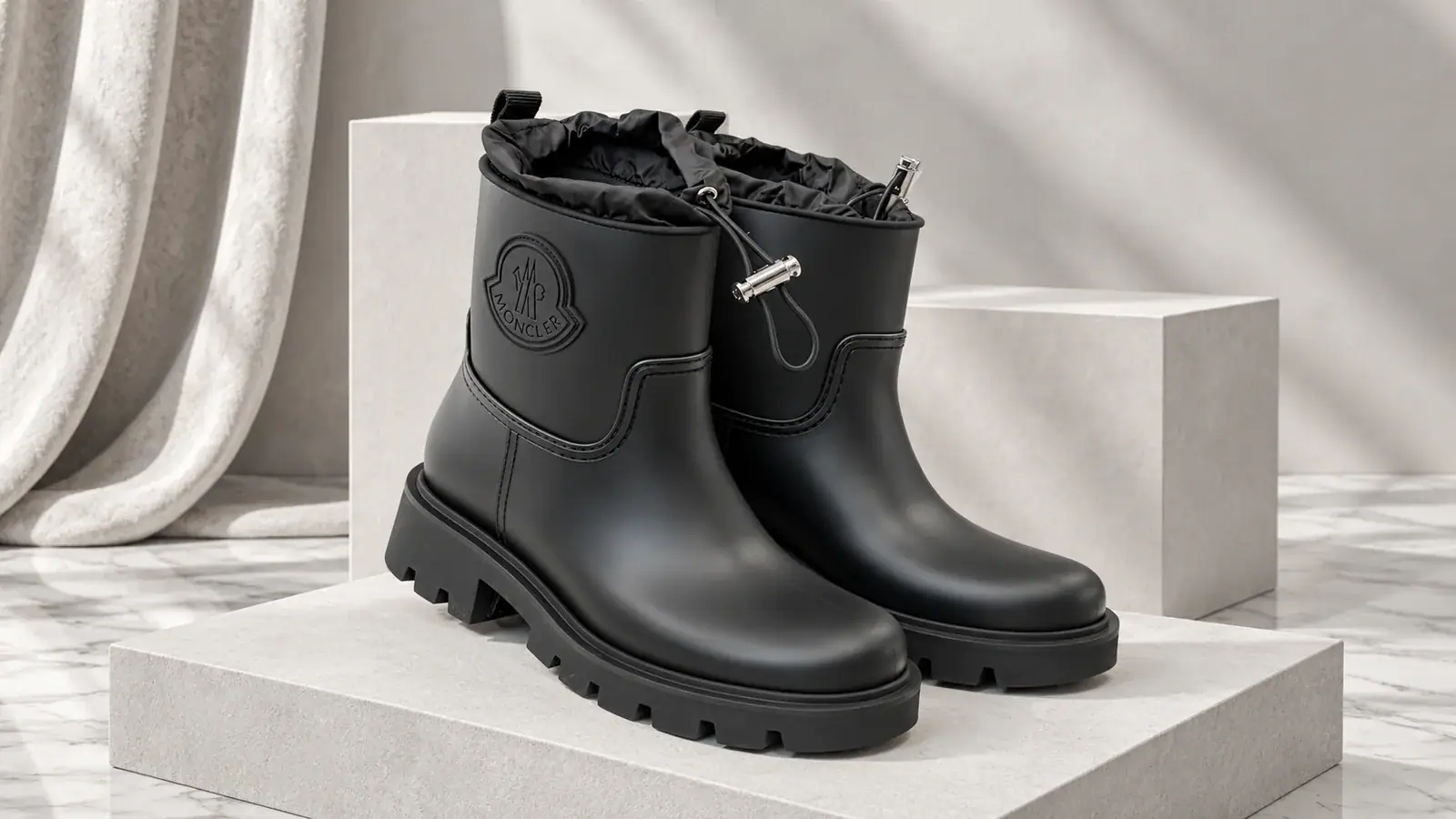 Moncler обувь оригинал из Италии - чёрные ботинки с затяжками и рельефной подошвой на светлом подиуме.