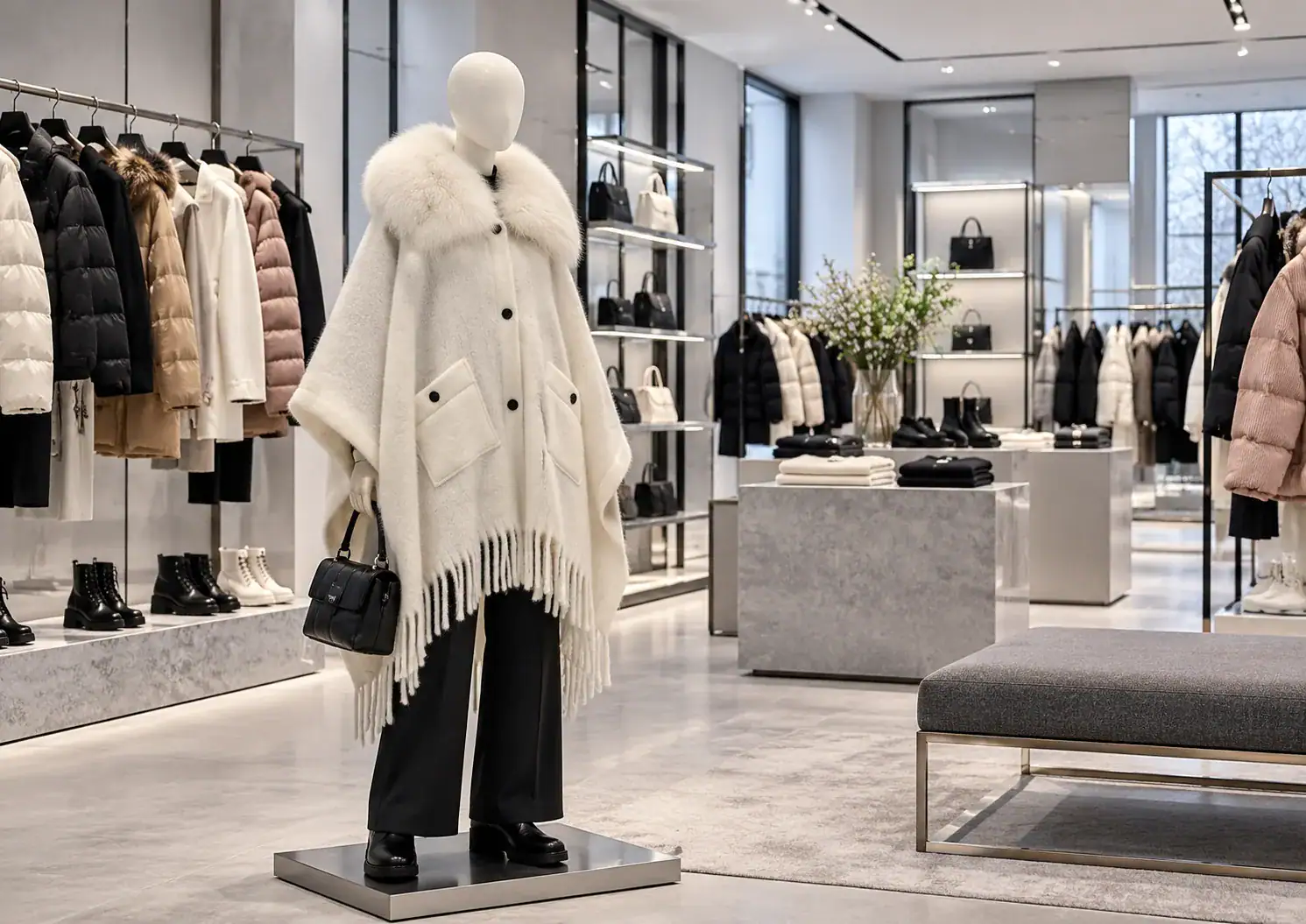 Moncler оригинал из Италии - манекен в светлой верхней одежде в интерьере бутика