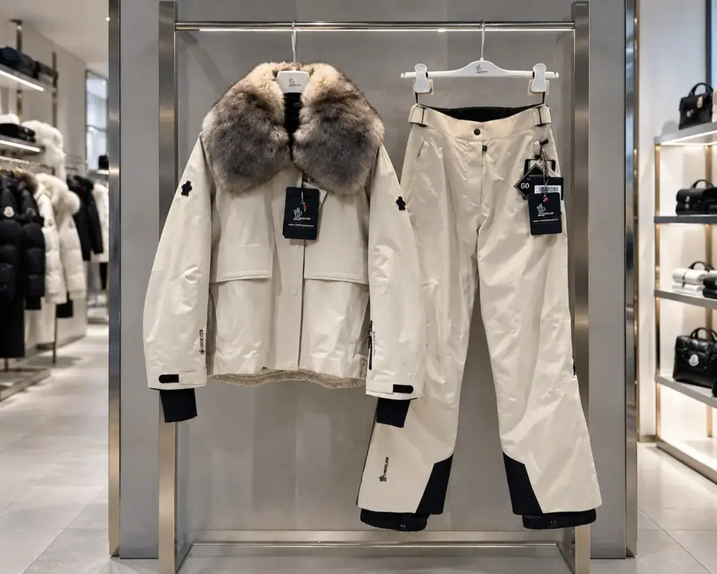 Moncler оригинал из Италии - светлая куртка с меховым воротником и брюки на вешалках в интерьере бутика.