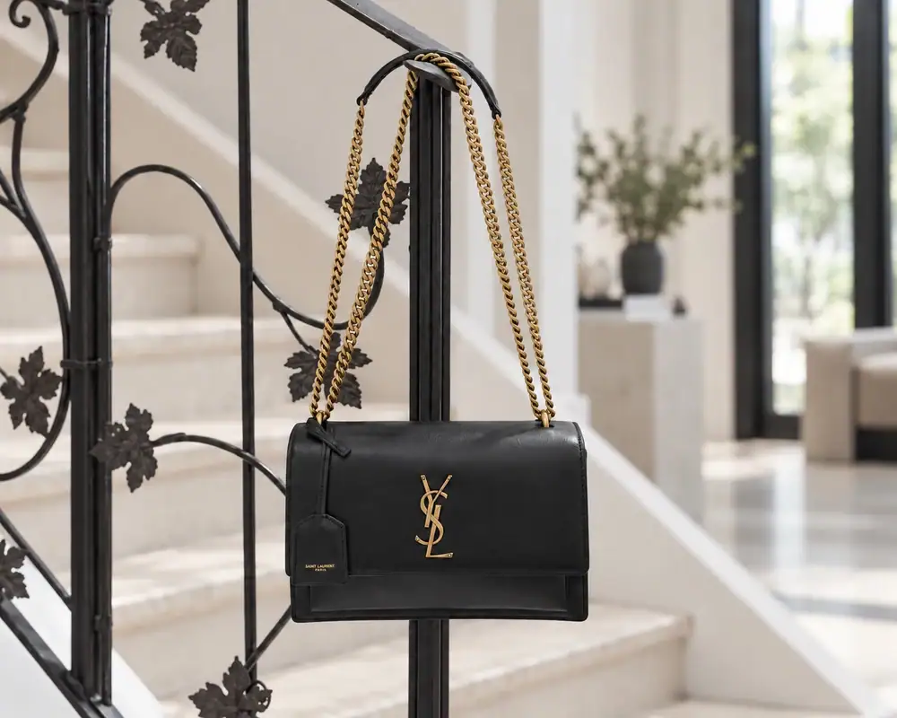 Бренд Saint Laurent - чёрная сумка с золотой монограммой YSL и цепочкой на кованых перилах.